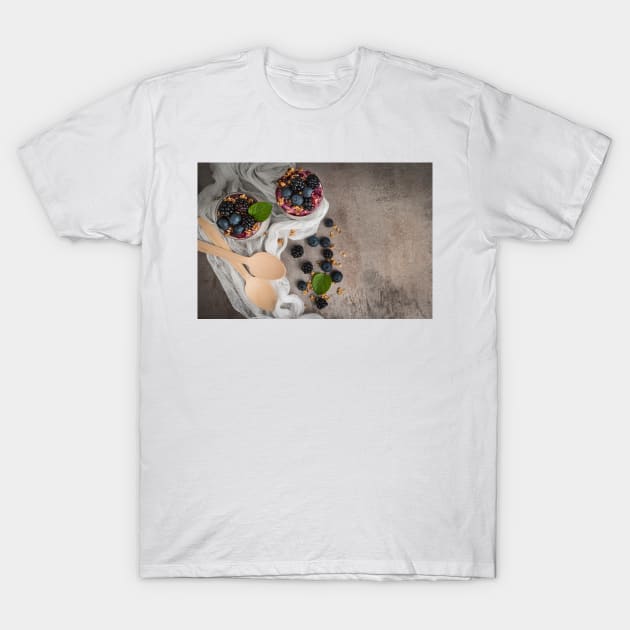 Chia pudding parfait with blackberries and blueberry smoothie and granola T-Shirt by AnaMOMarques